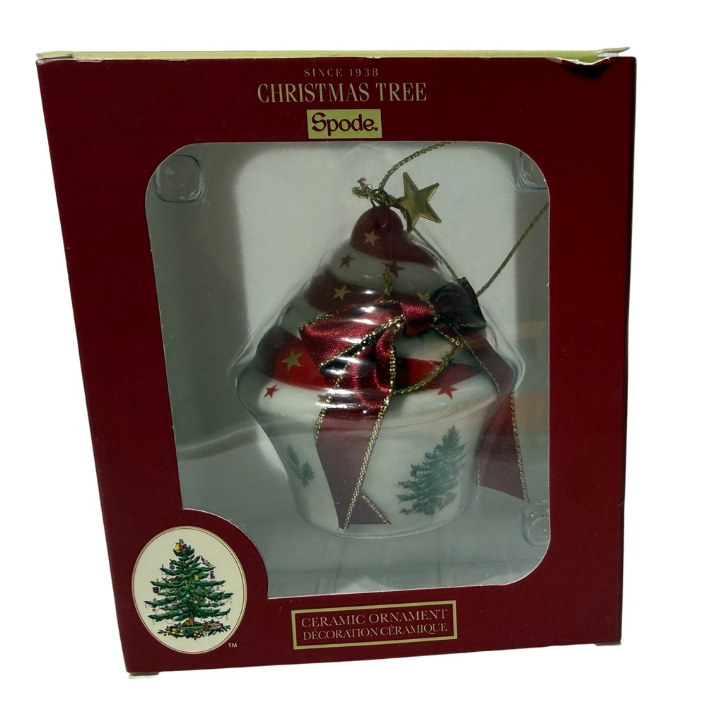 Spode Christmas Tree Cupcake Ceramic Ornament Red Ribbon XT8715-XC 3 Inch NEW